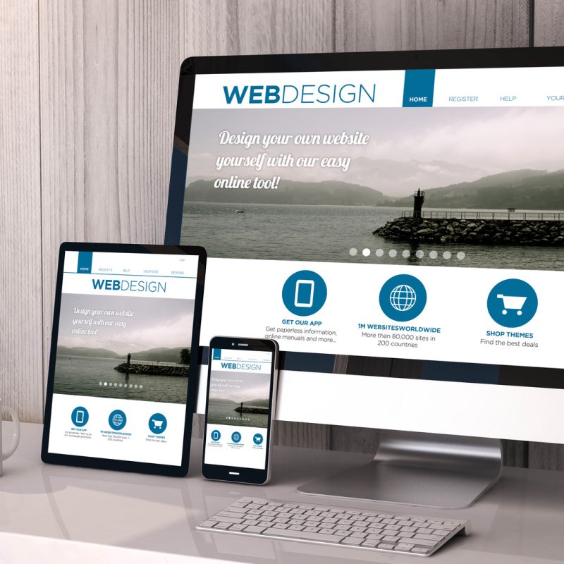 Digital generated devices on desktop, responsive blank mock-up with web design fluid template website  on screen. All screen graphics are made up.